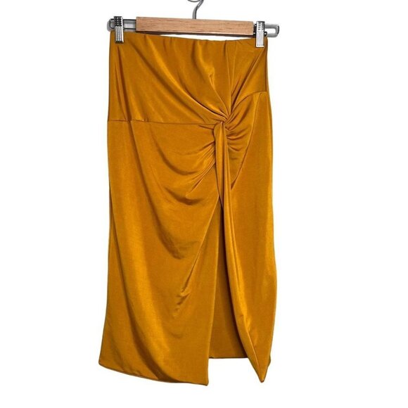 Fashion Nova Womens Size Medium Looking Amazing Skirt Mustard Midi NEW High Slit - Picture 2 of 11